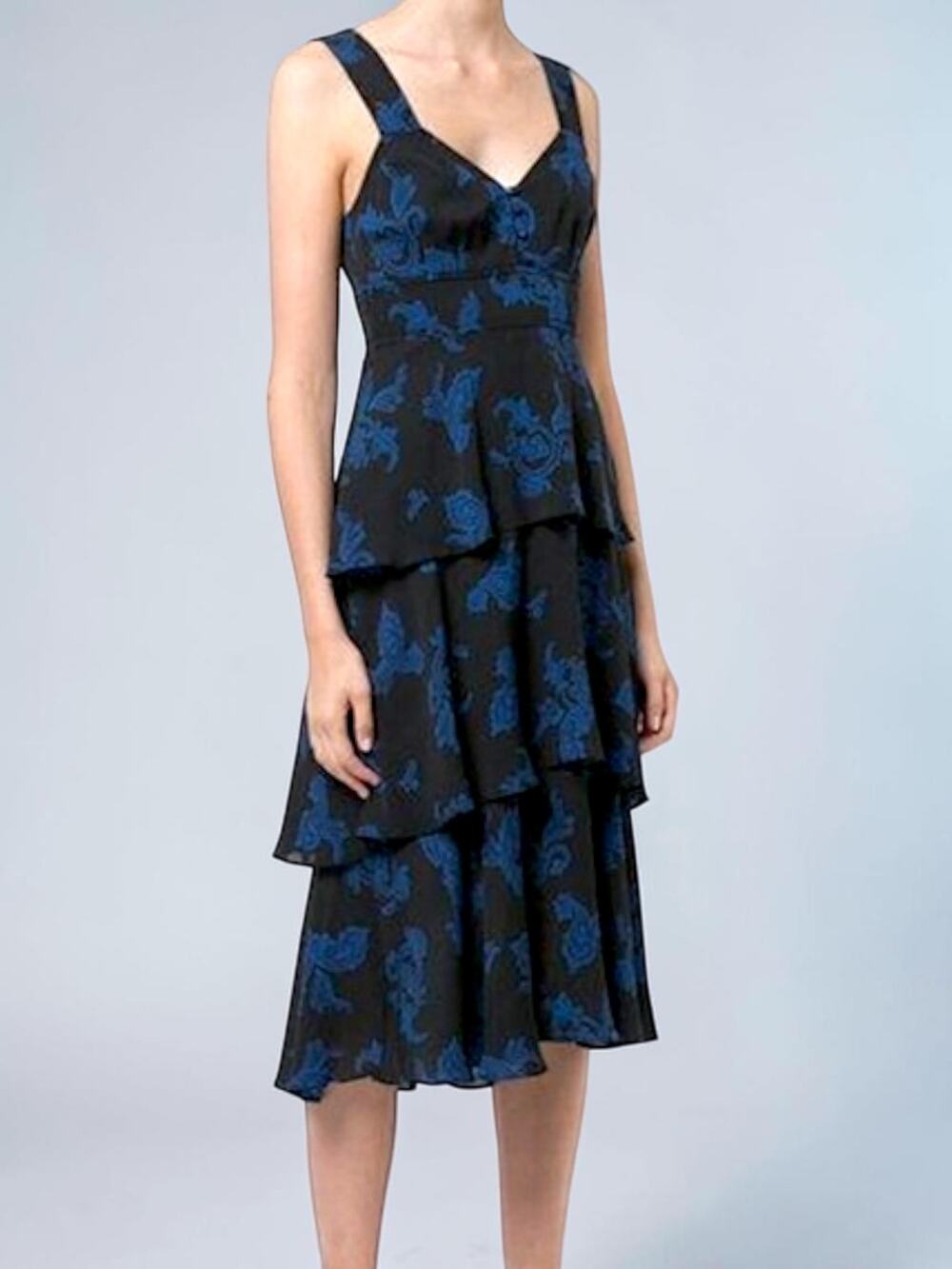 A.L.C. 100% Silk Luna Tiered Midi Dress Paisley Coquette Wedding Cocktail Blue
